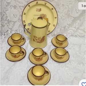 Vintage, Rare, Enamelware, 14pc Red-Blue Willow Coffee-Tea Set (2Z0521)  This is